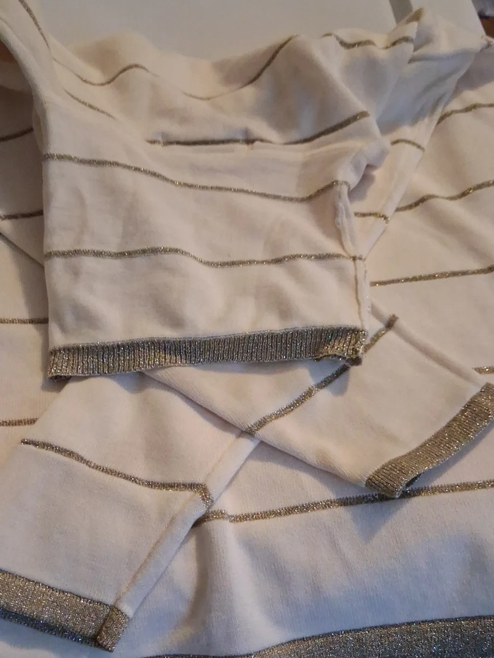 Ashley By 26 International Cream Crewneck Sweater with Gold Metallic Stripes